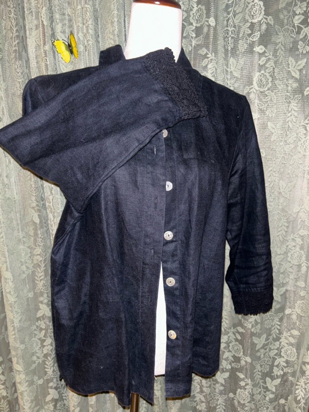 100% Linen Vintage Black Button-Front Top with Crochet Sleeve